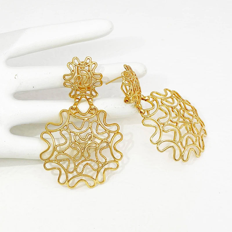 22K Gold Abstract Hollow Big Statement Drop Earrings