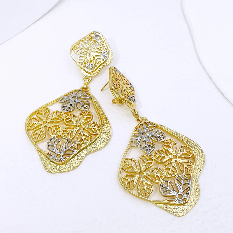 22K Brazilian Gold Geometric Floral Big Drop Earrings