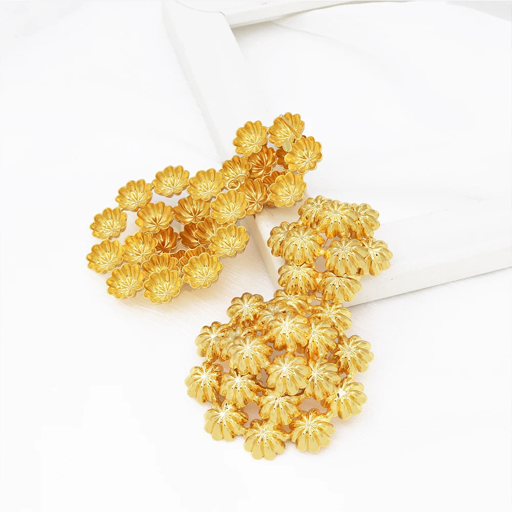 22K Gold Layered Floral Cluster Big Drop Earrings