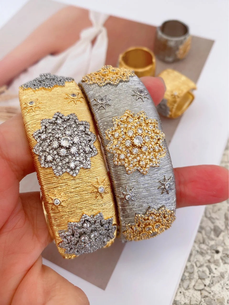 Italian Gold Floral Zirconia Wide Cuff Bangle Ring Set