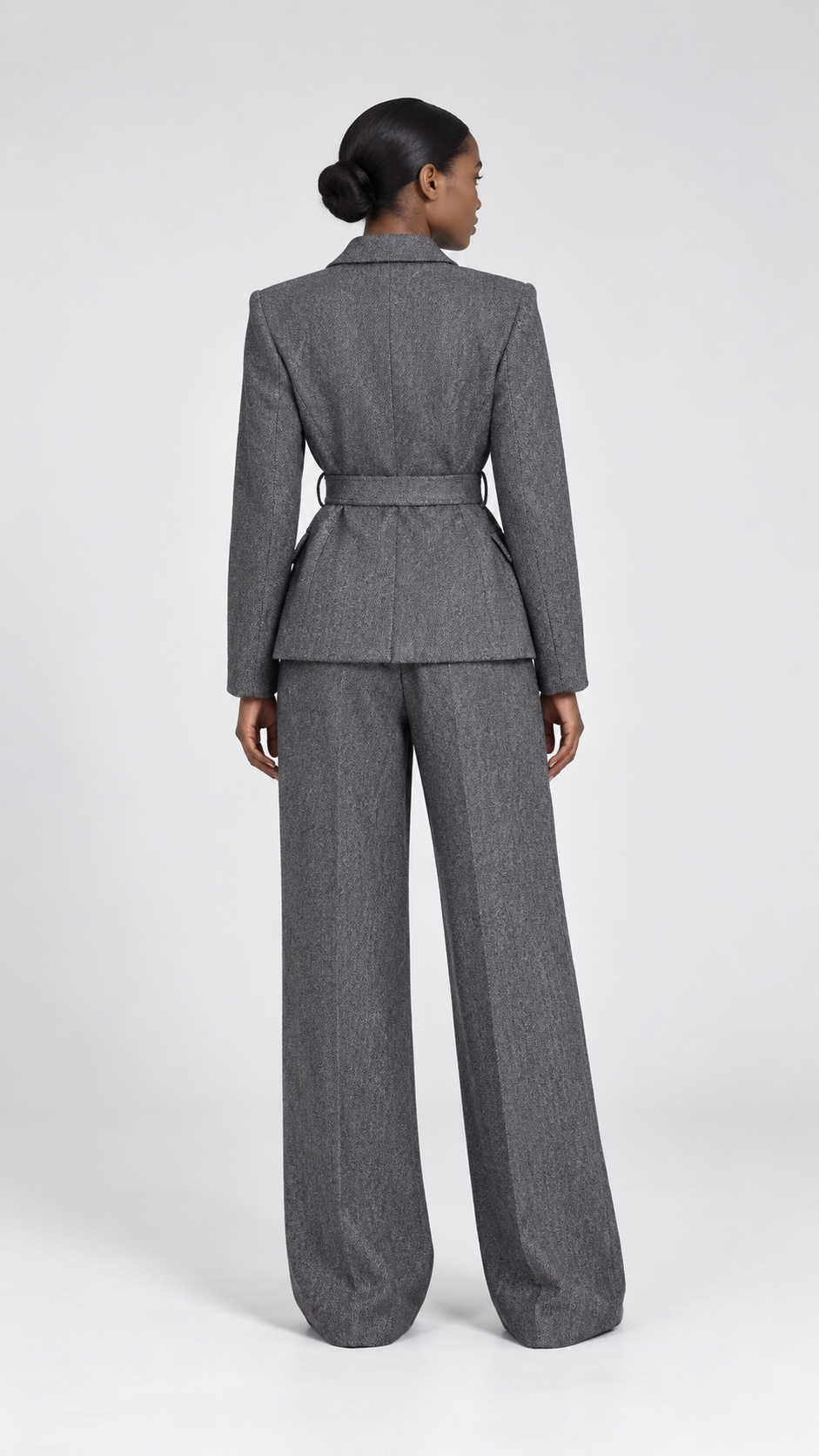 Textured Belted Blazer and Wide-Leg Trousers Set
