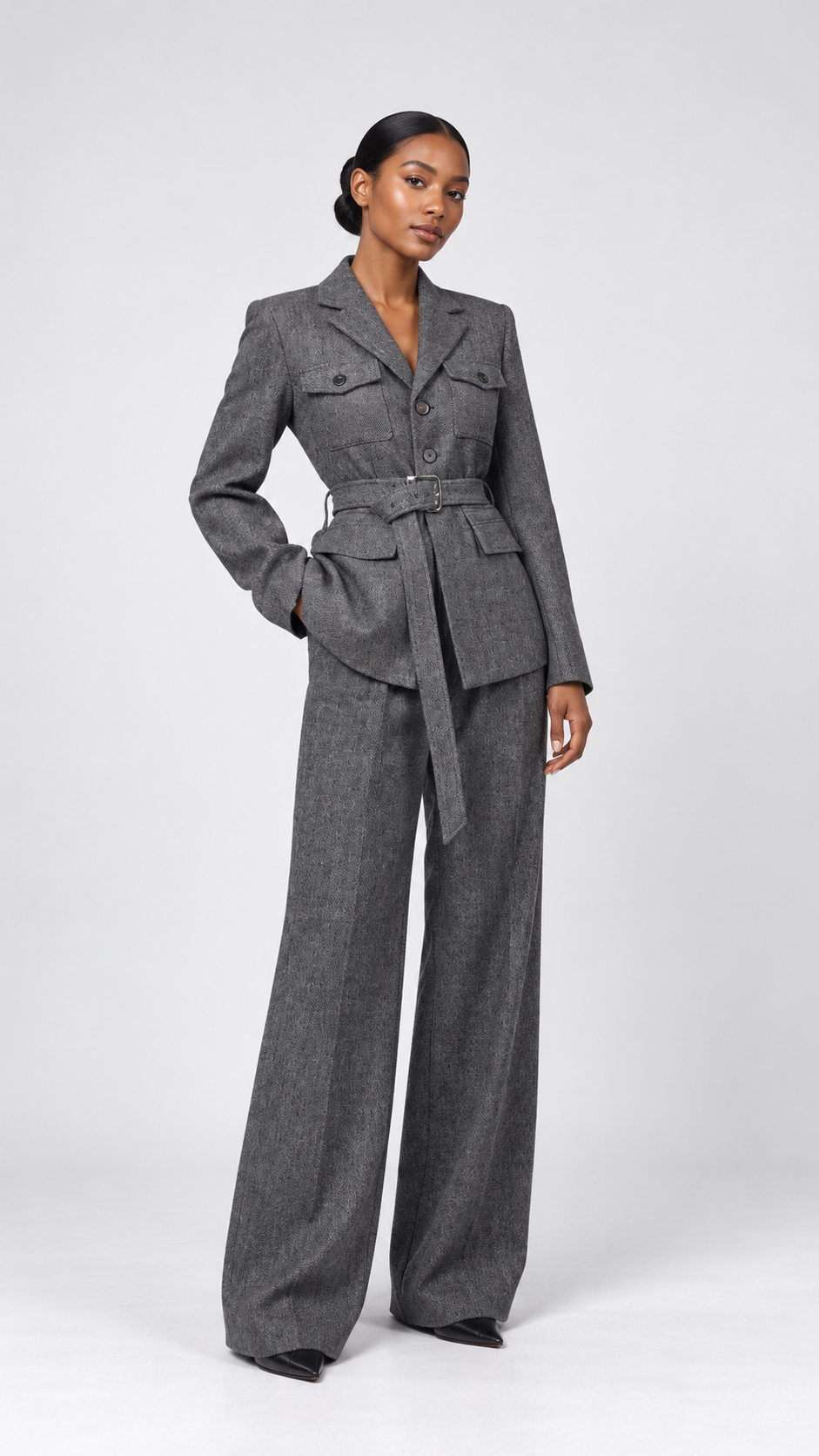 Textured Belted Blazer and Wide-Leg Trousers Set