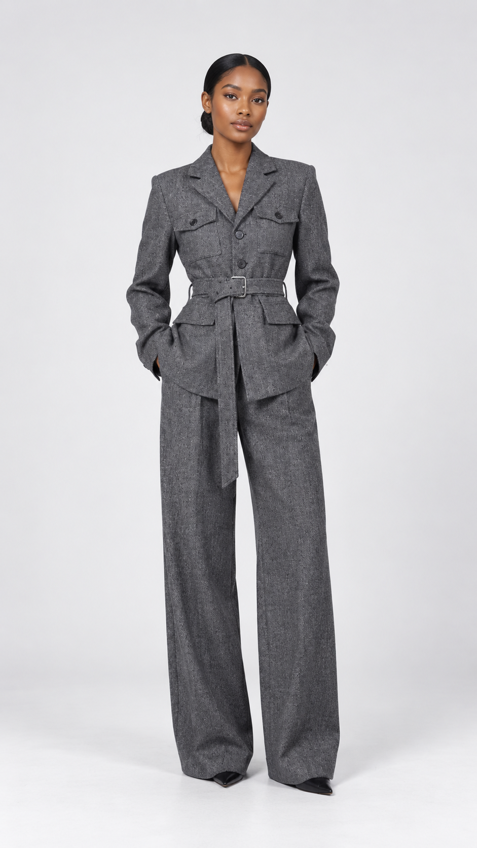 Textured Belted Blazer and Wide-Leg Trousers Set