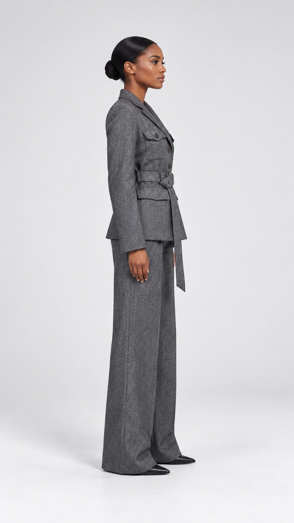 Textured Belted Blazer and Wide-Leg Trousers Set