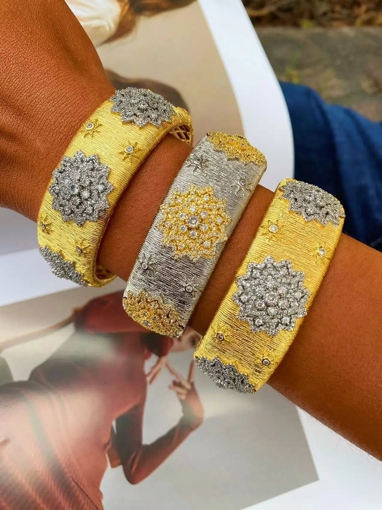 Italian Gold Floral Zirconia Wide Cuff Bangle Ring Set