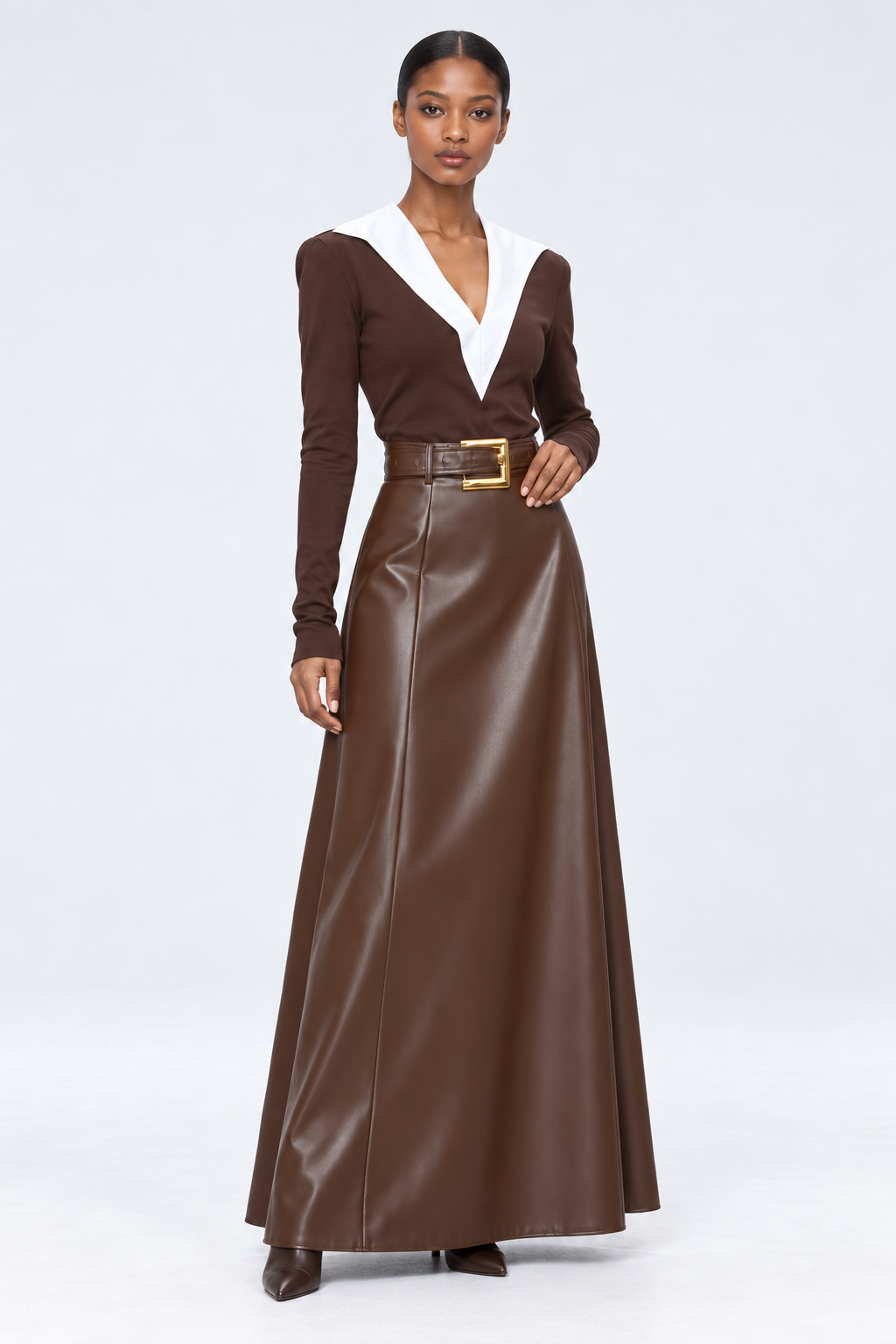 ElegantWom brown contrast-collar pure cotton top and glossy-finish faux leather long skirt set, 