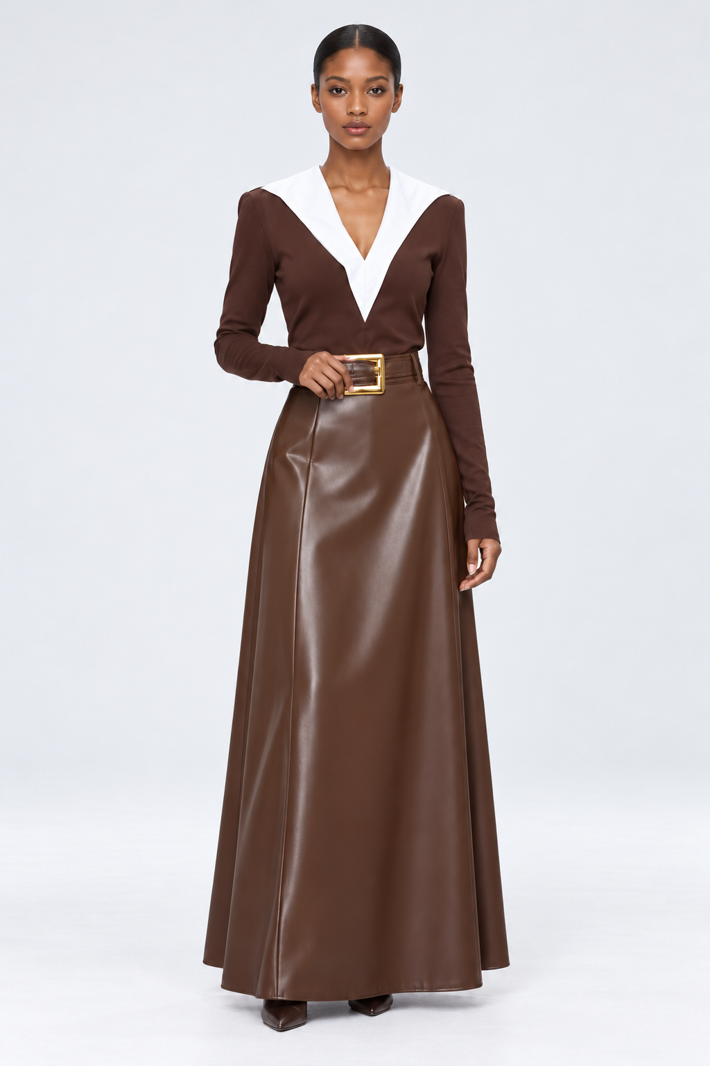 contrast-collar knit top and glossy-finish faux leather long skirt set,