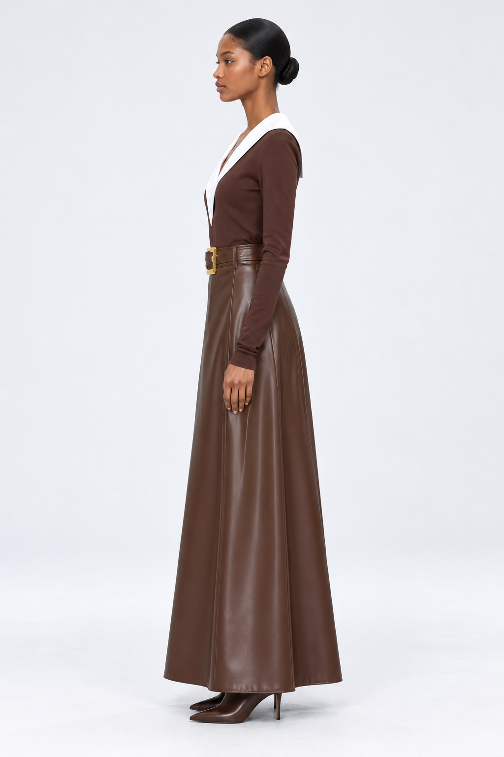 ElegantWom brown contrast-collar knit top and glossy-finish faux leather long skirt set, side view