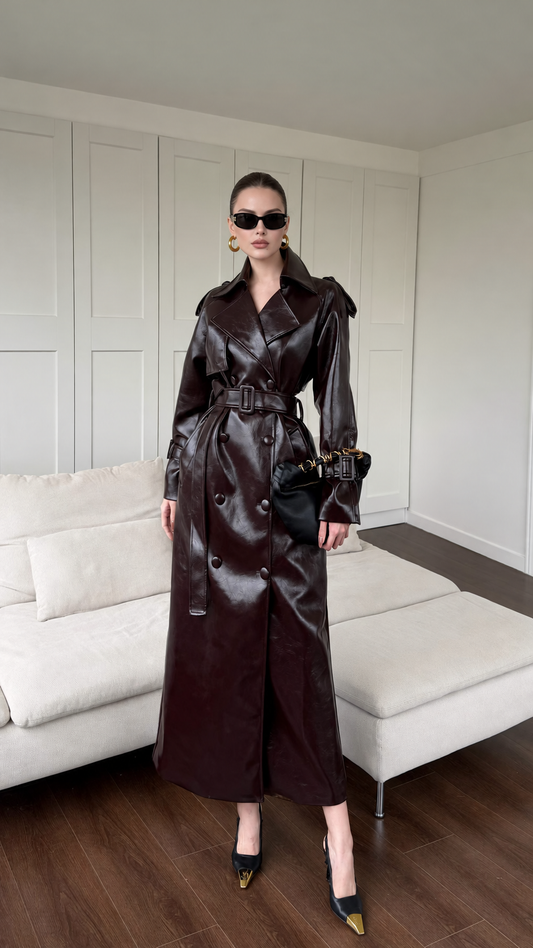 ELEGANTWOM burgundy faux leather long trench coat, front view with belt and black clutch