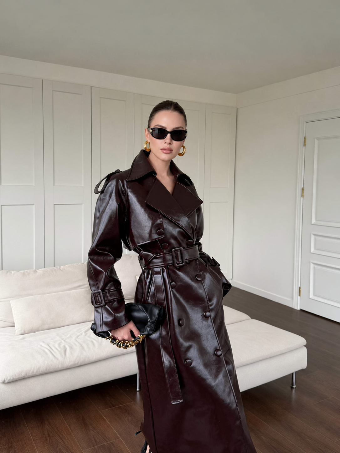 ELEGANTWOM burgundy faux leather trench coat, back view showing epaulettes and back vent