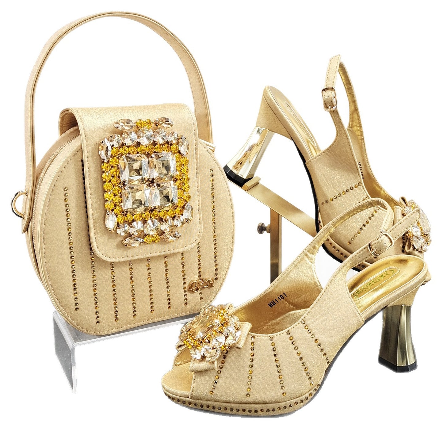 Italian Rhinestone Mesh Slingback Heels Shoes Crystal Clutch Bag Set