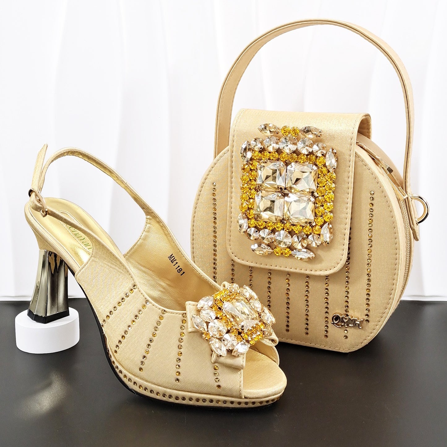 Italian Rhinestone Mesh Slingback Heels Shoes Crystal Clutch Bag Set