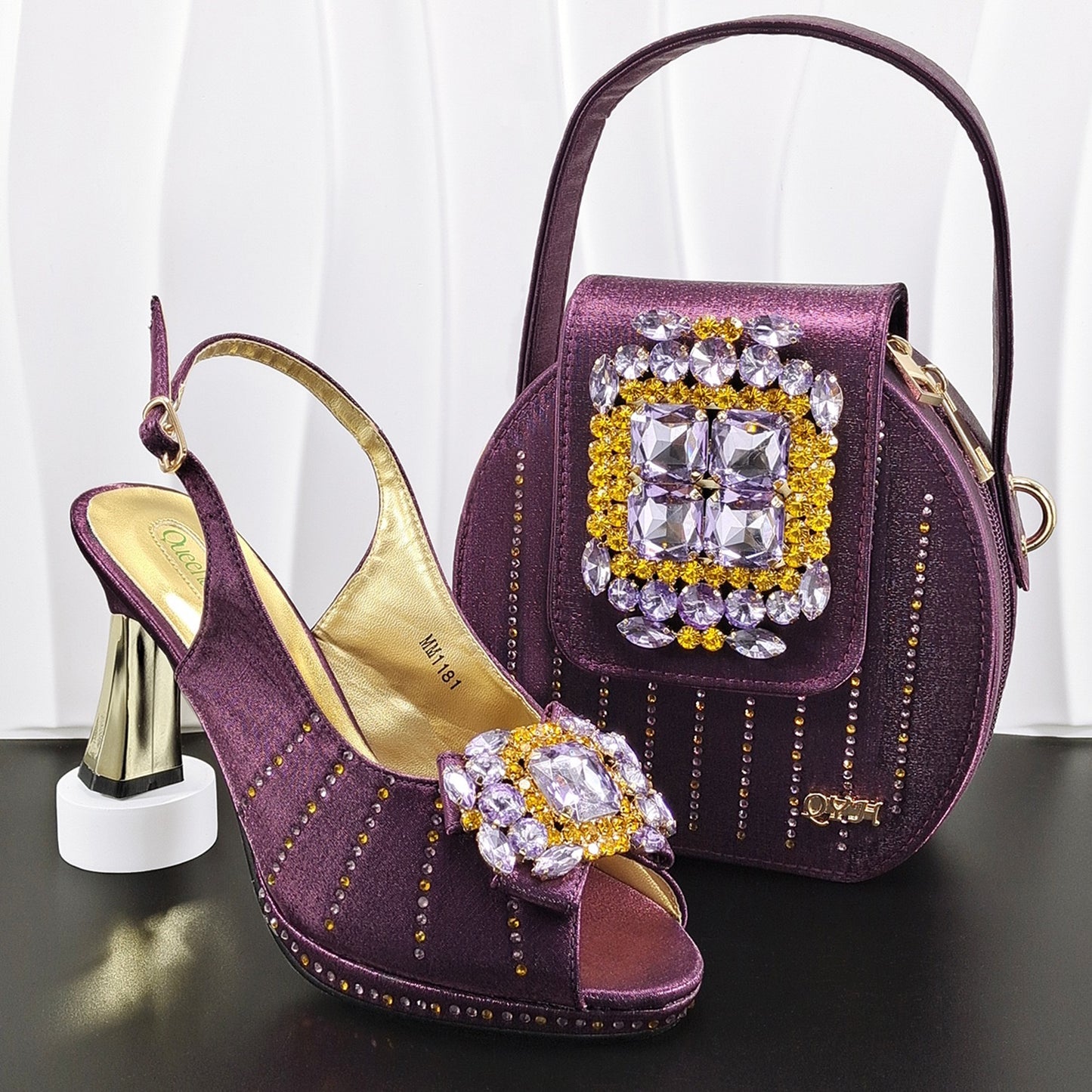 Italian Rhinestone Mesh Slingback Heels Shoes Crystal Clutch Bag Set