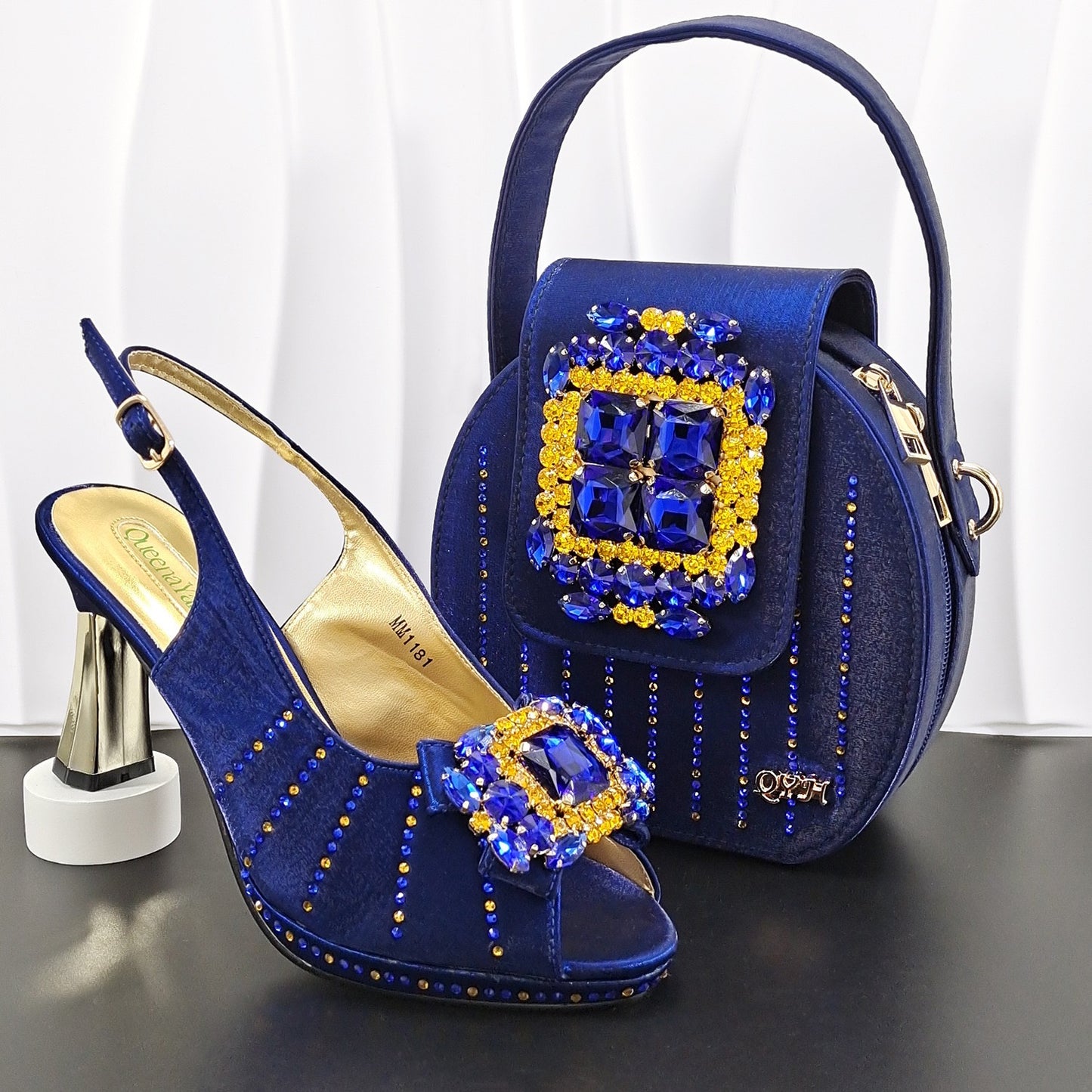 Italian Rhinestone Mesh Slingback Heels Shoes Crystal Clutch Bag Set