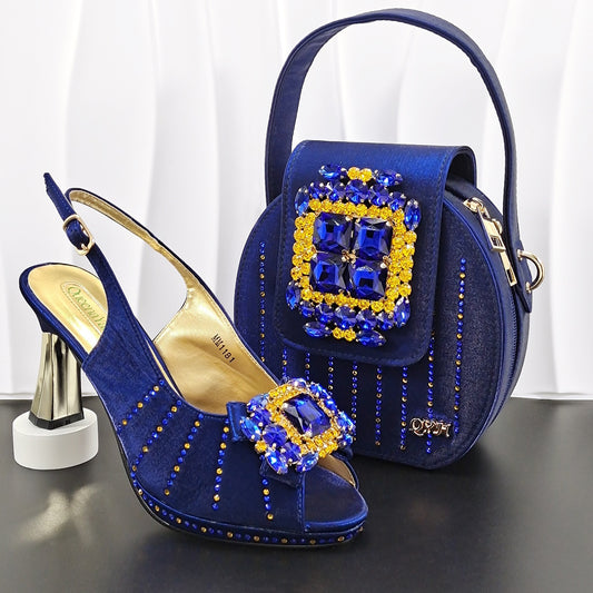 Italian Rhinestone Mesh Slingback Heels Shoes Crystal Clutch Bag Set