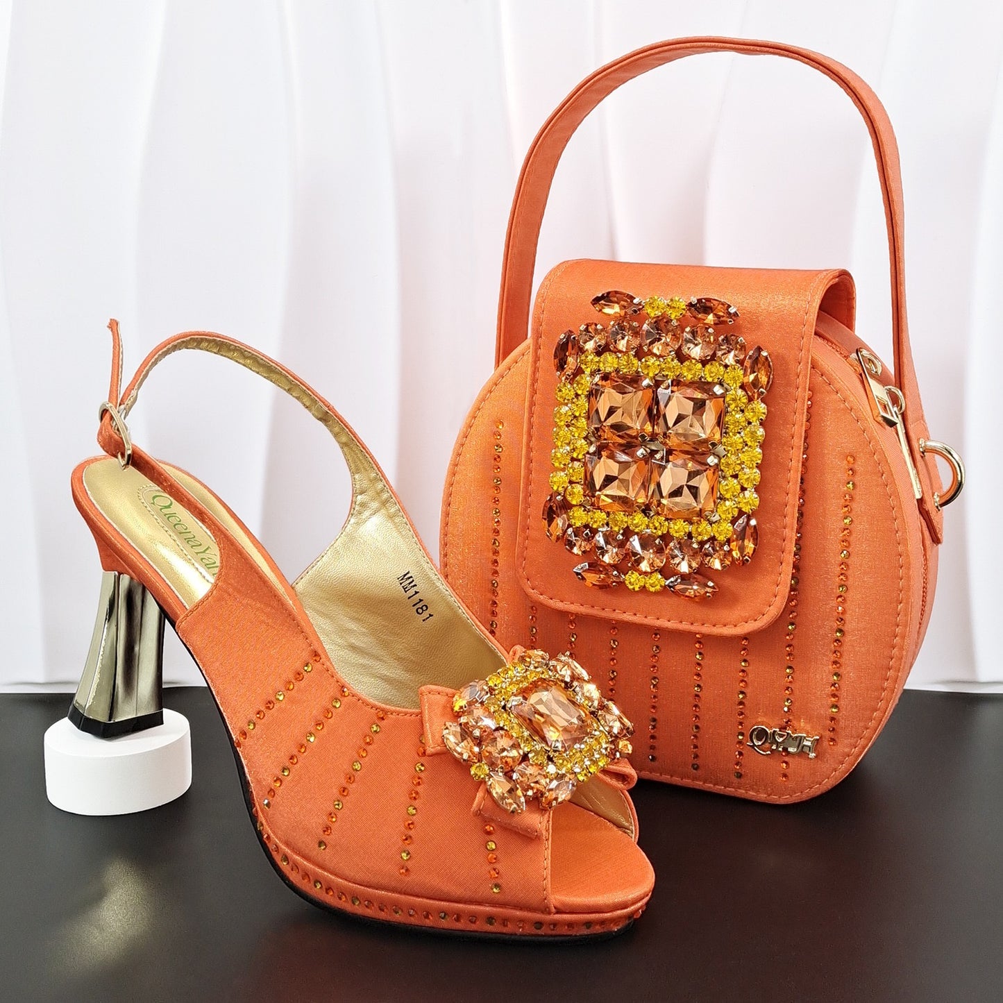 Italian Rhinestone Mesh Slingback Heels Shoes Crystal Clutch Bag Set