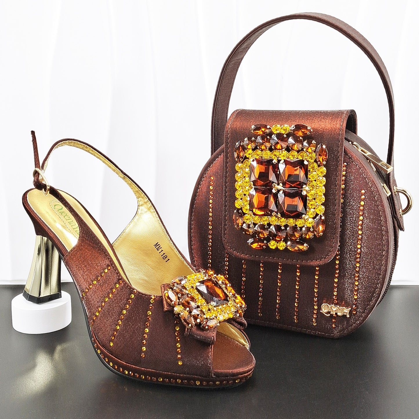 Italian Rhinestone Mesh Slingback Heels Shoes Crystal Clutch Bag Set