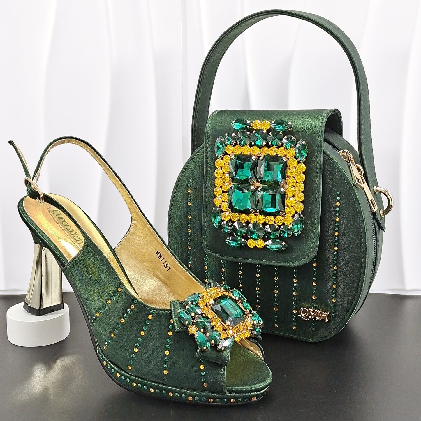 Italian Rhinestone Mesh Slingback Heels Shoes Crystal Clutch Bag Set