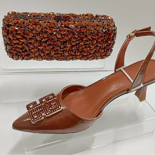 Italian Crystal Embellished Copper Slingback Heels & Bag Set