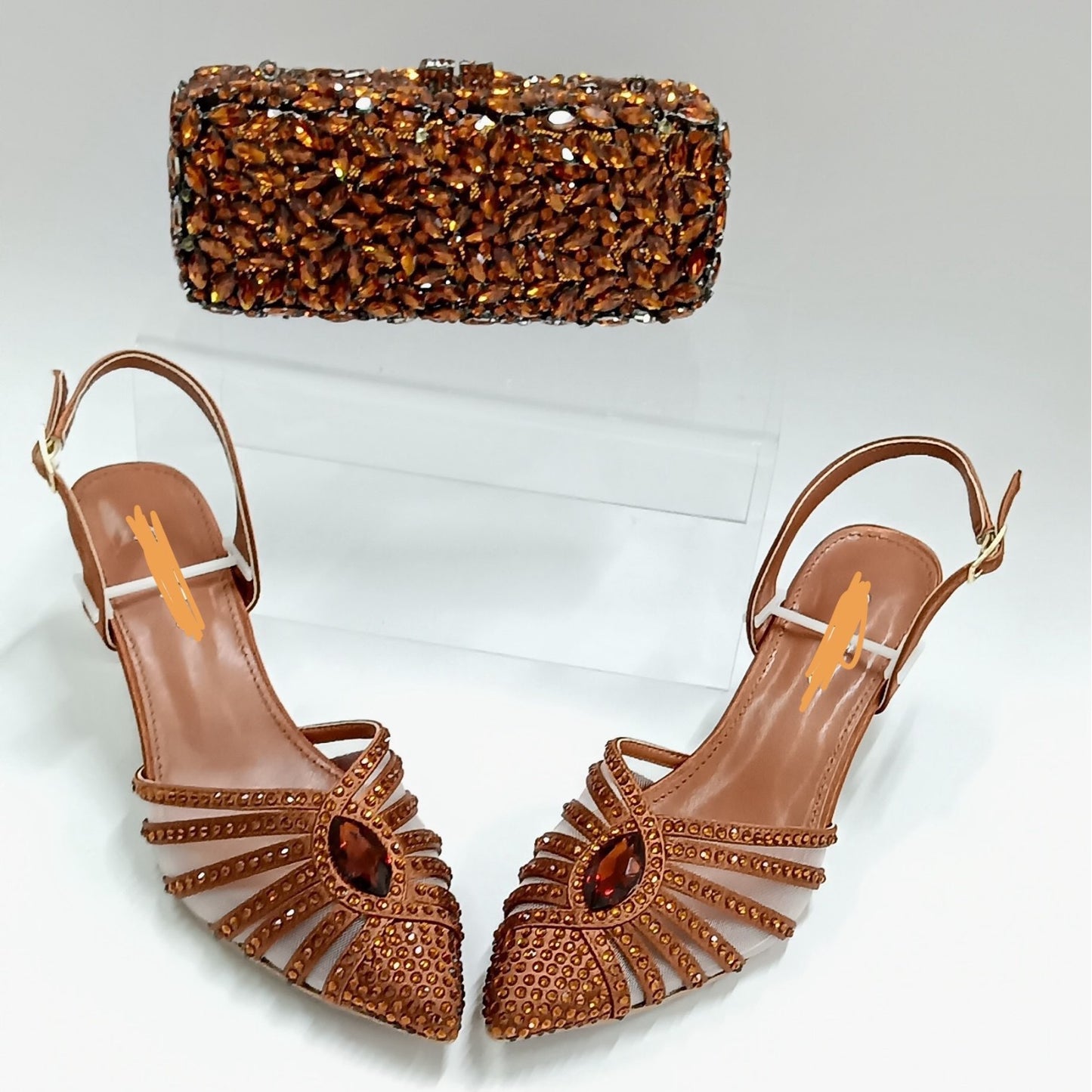 Italian Crystal Embellished Copper Slingback Heels & Bag Set