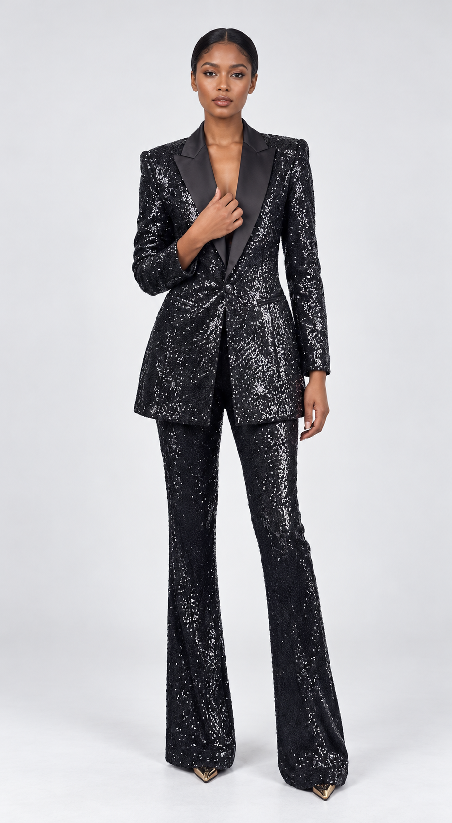 ElegantWom black sequin tailored blazer and wide-leg trousers set, front full-length view showcasing satin lapel and sparkling finish