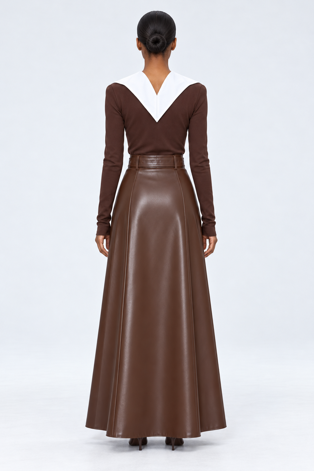 ElegantWom brown contrast-collar pure cotton top and glossy-finish faux leather long skirt set, back view