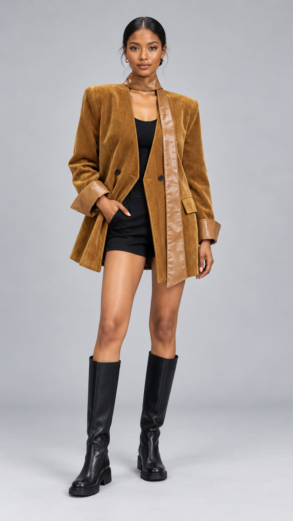 ElegantWom brown contrast PU trim scarf-collar blazer, front view showcasing the stylish scarf accent and tailored blazer design