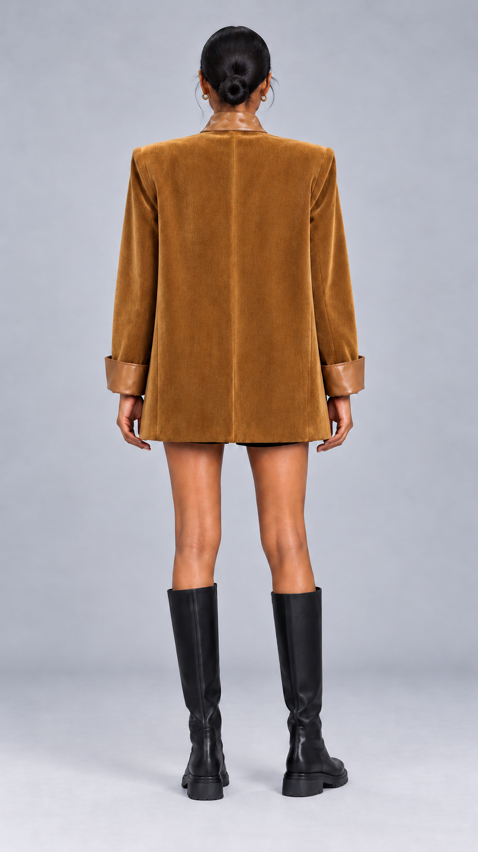 ElegantWom brown scarf-neck detailing PU spliced blazer, back view showcasing the tailored fit and back silhouette