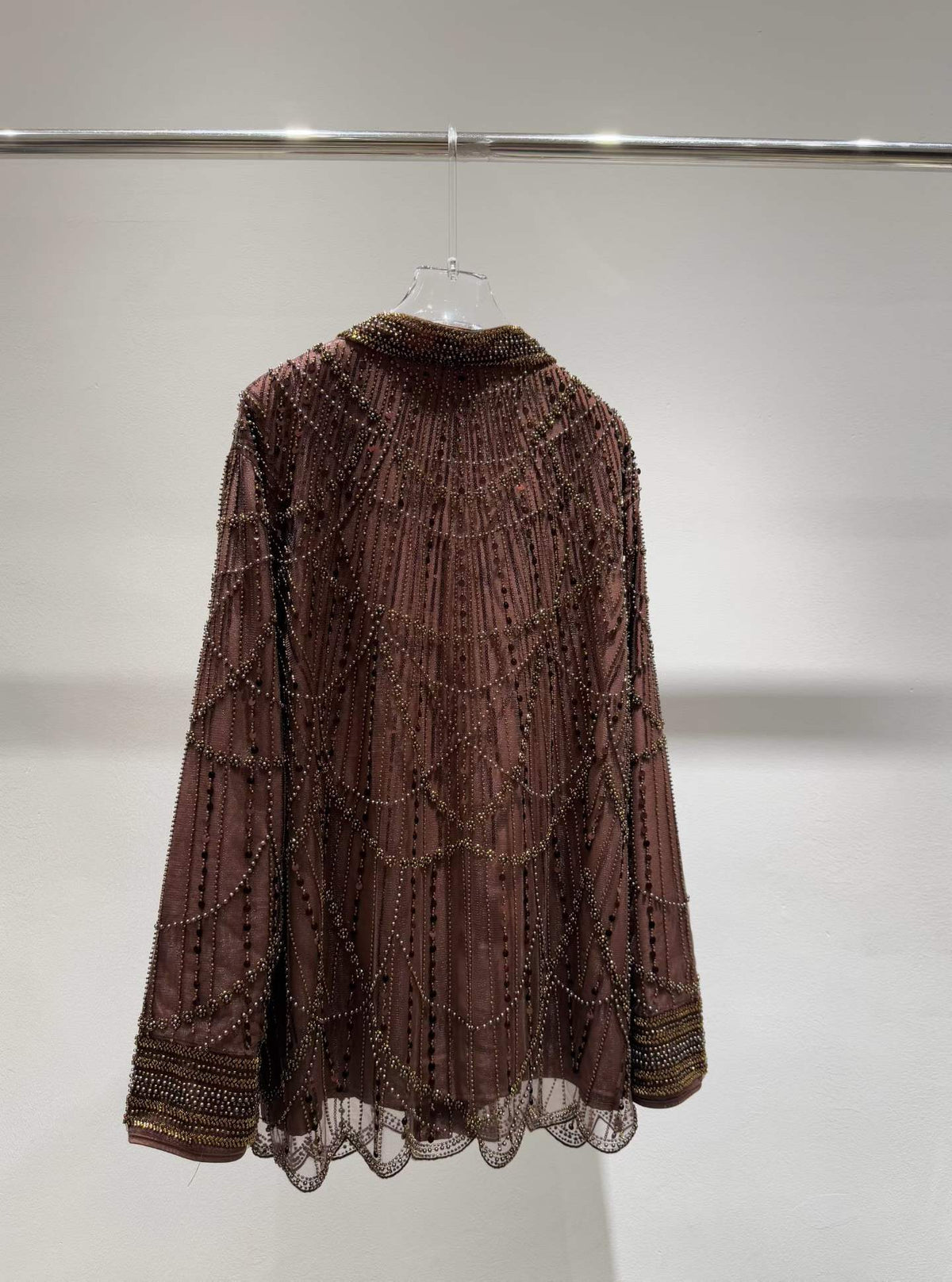 Brown beaded and sequin tie-front jacket, back view