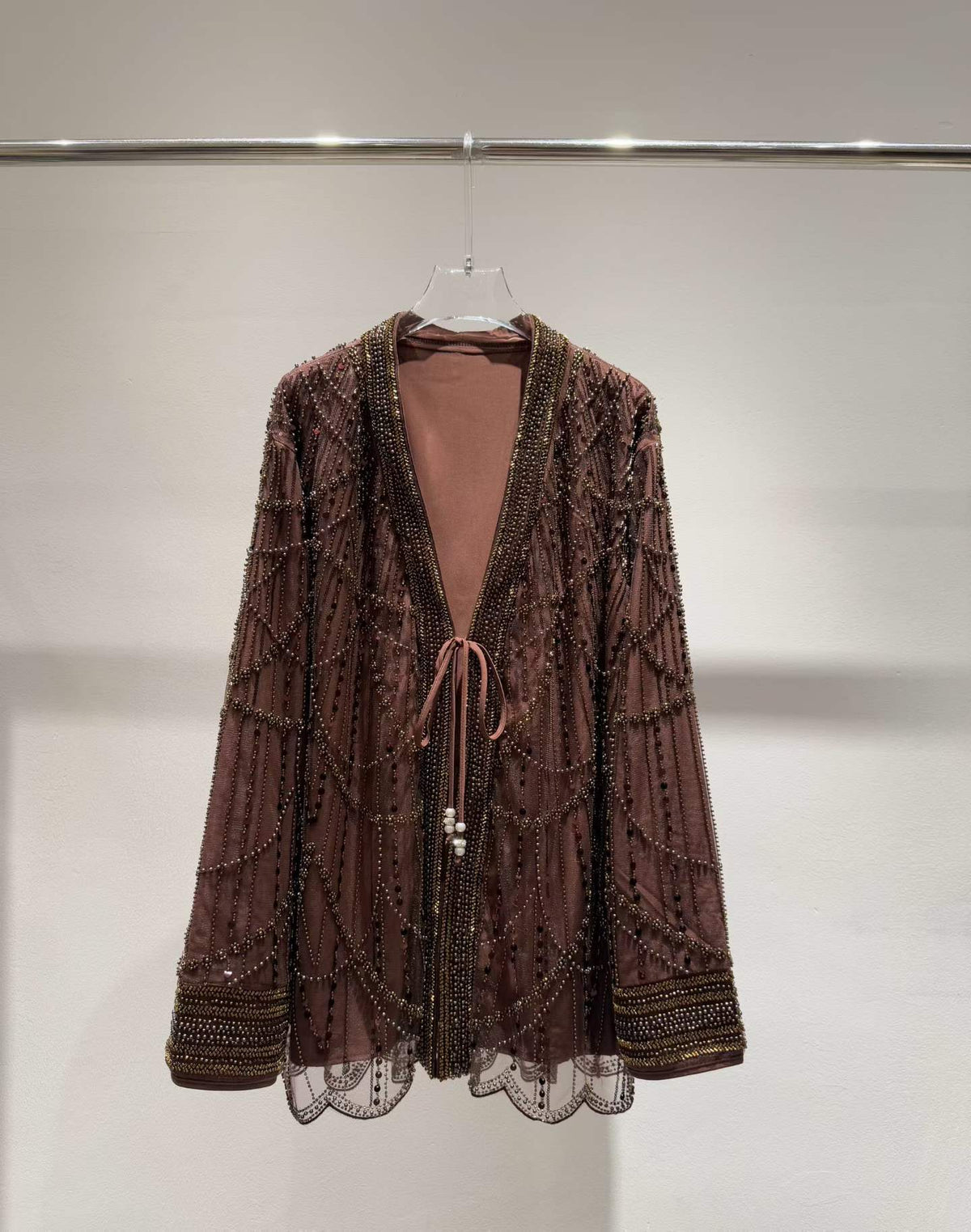 Brown beaded and sequin tie-front jacket, front view