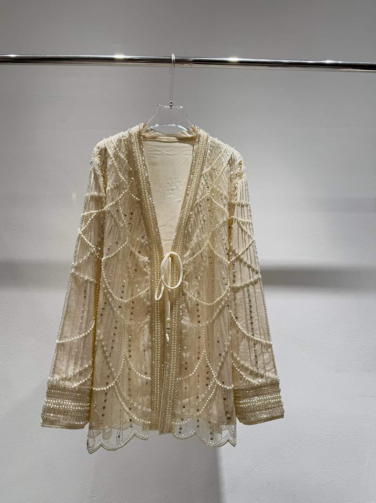 Ivory beaded and sequin tie-front jacket, front view
