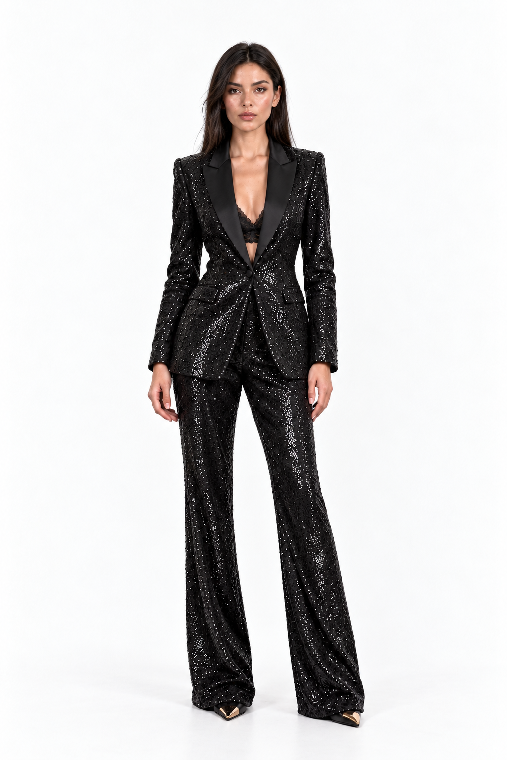 Elegantwom black sequin blazer and flared pant set, full-length front view