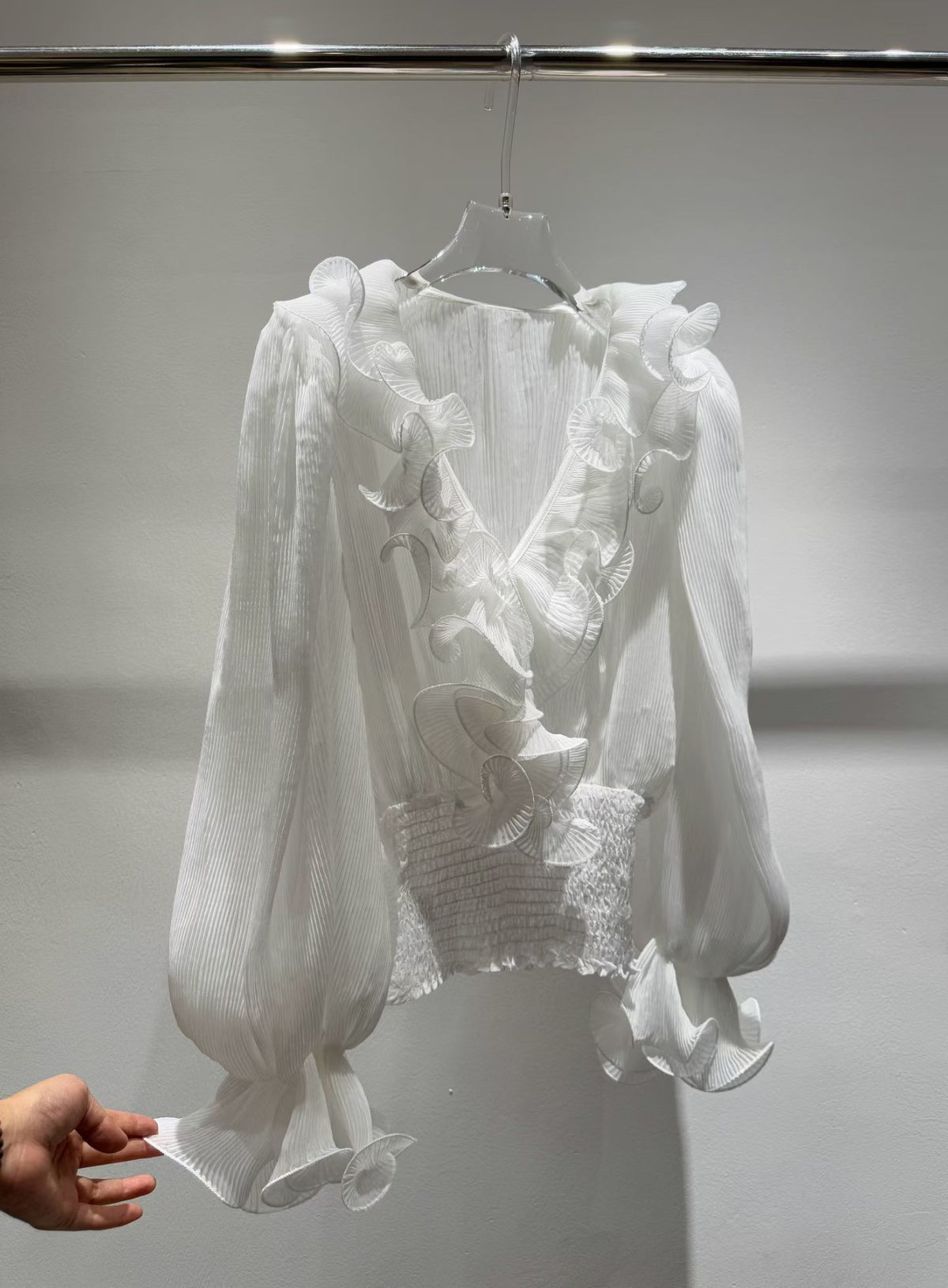 Pleated ruffle blouse in white