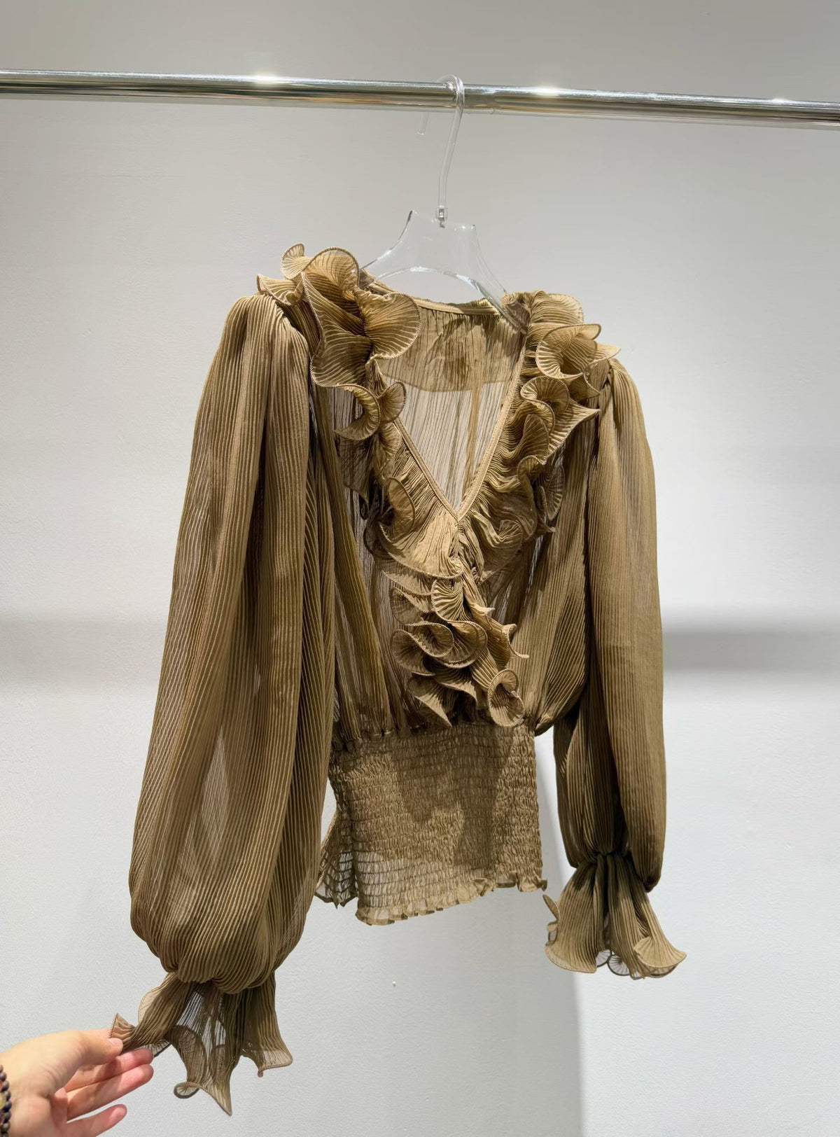 Camel blouse ruffle detail