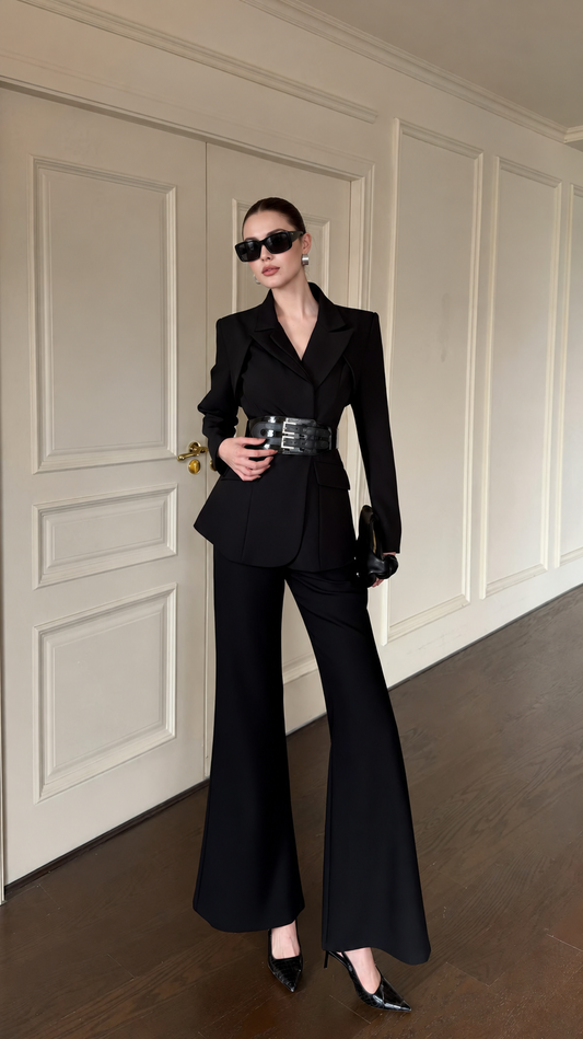 Elegantwom black belted blazer and wide-leg trousers co-ord, front view