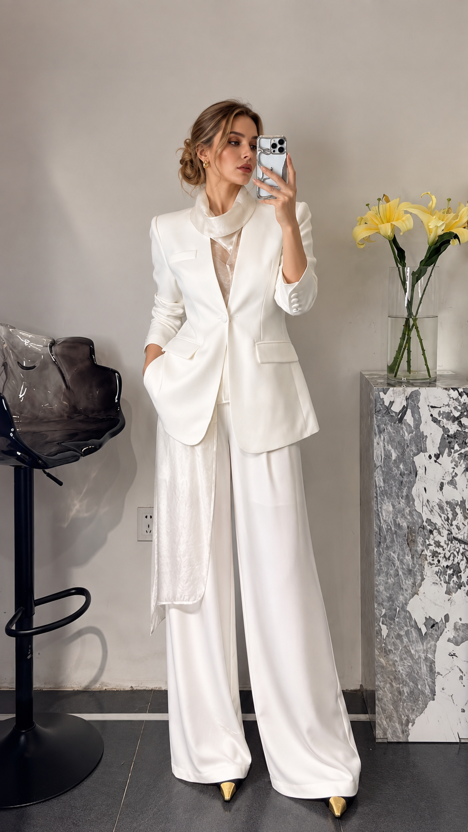 ElegantWom ivory tailored blazer and wide-leg trouser set