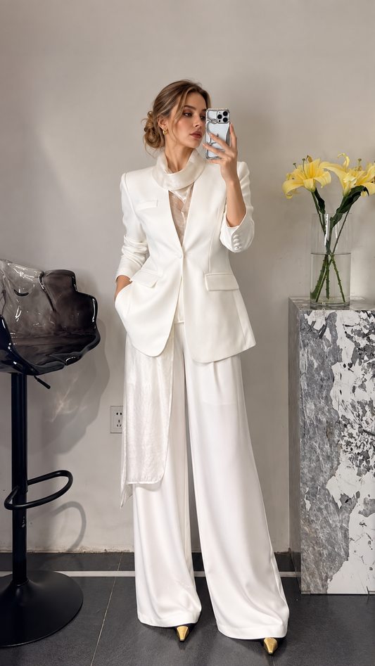 ElegantWom ivory tailored blazer and wide-leg trouser set
