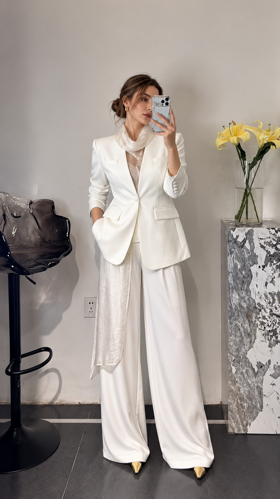ElegantWom ivory office chic trouser suit