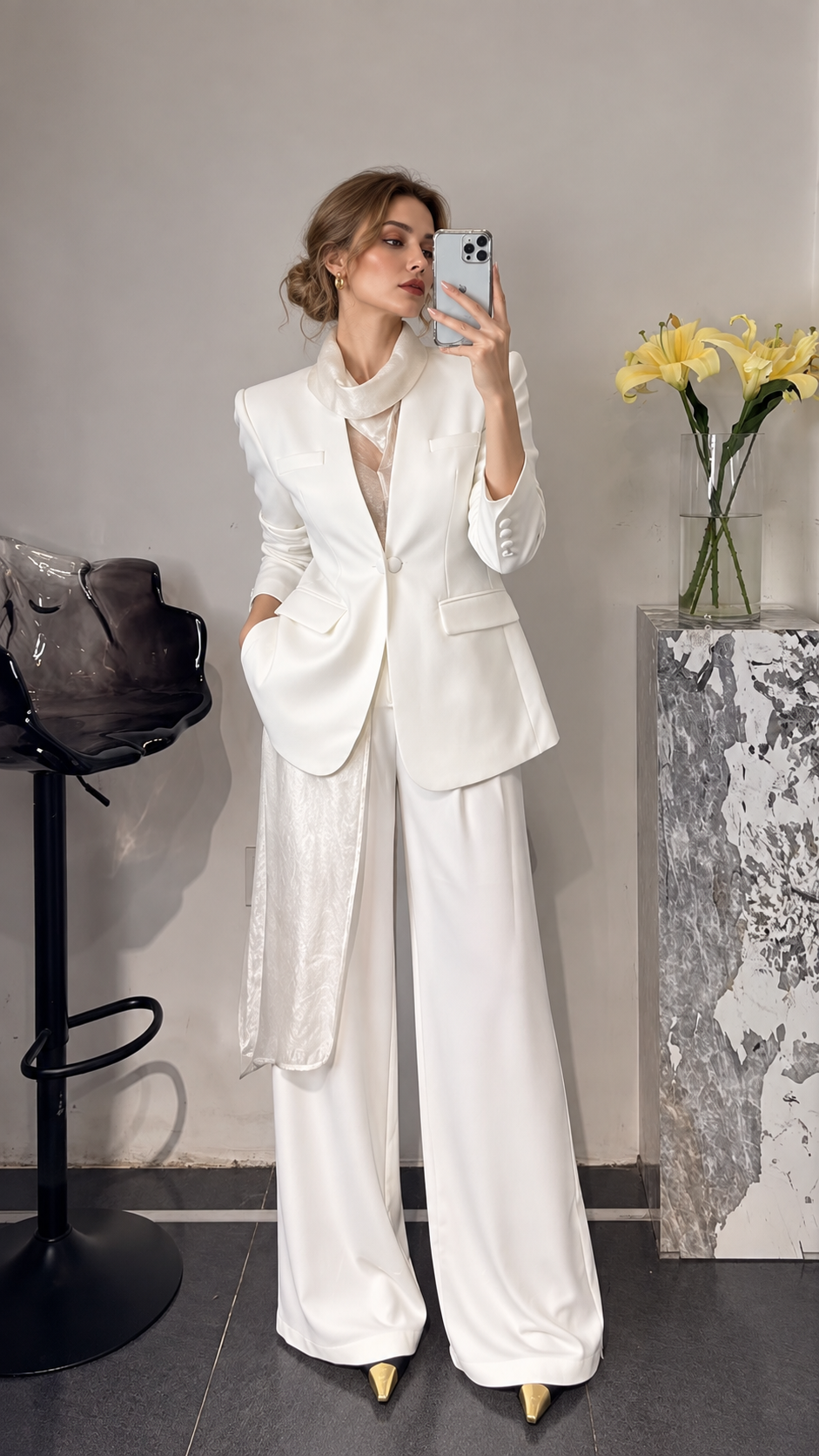 White blazer and wide-leg pants outfit for women
