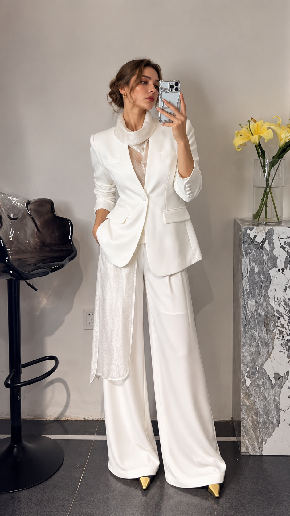 ElegantWom ivory blazer and wide-leg pants