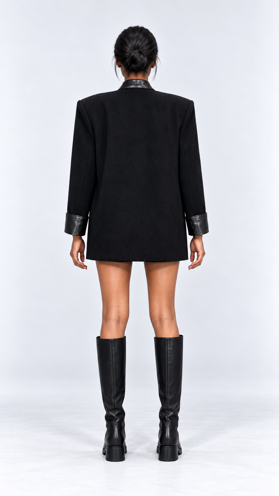 Collarless Textured Blazer with Contrast Trim – Black and Camel