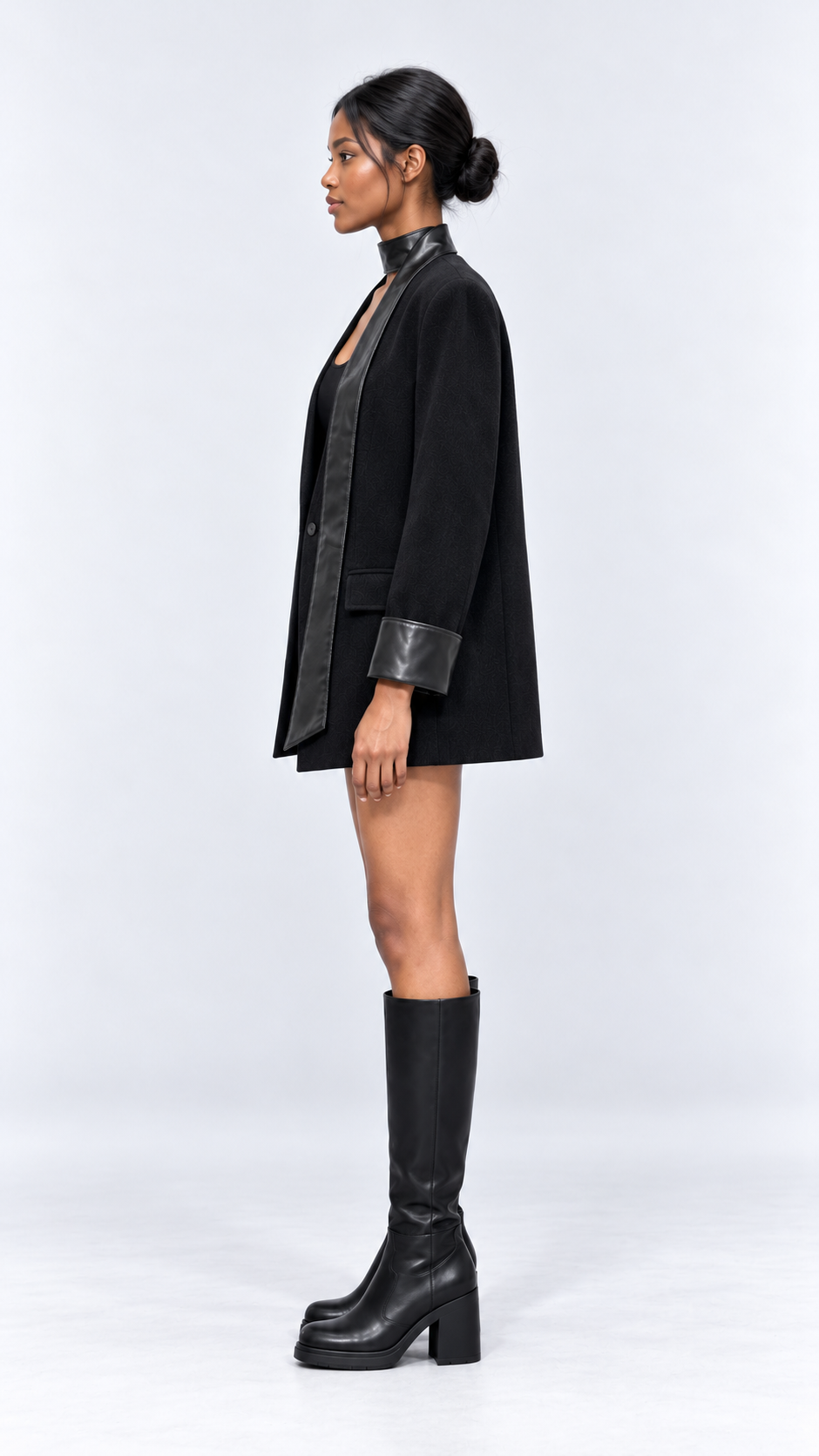 Collarless Textured Blazer with Contrast Trim – Black and Camel