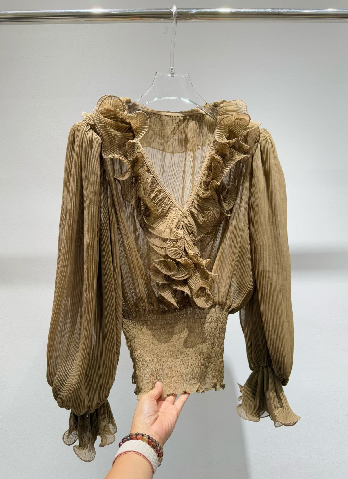 Pleated ruffle blouse in camel