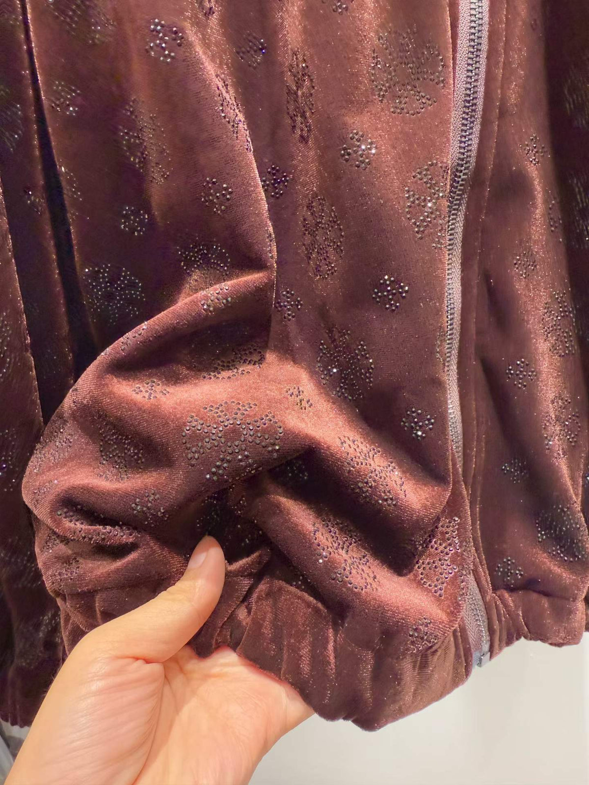 Brown floral sparkle hooded zip-front jacket, embellishment detail