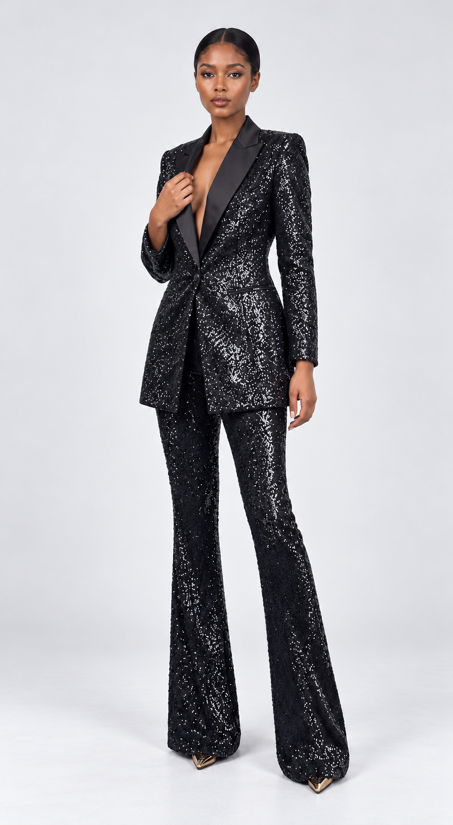 ElegantWom luxury black sequin pantsuit styled for evening events, premium metallic texture and party wear aesthetic