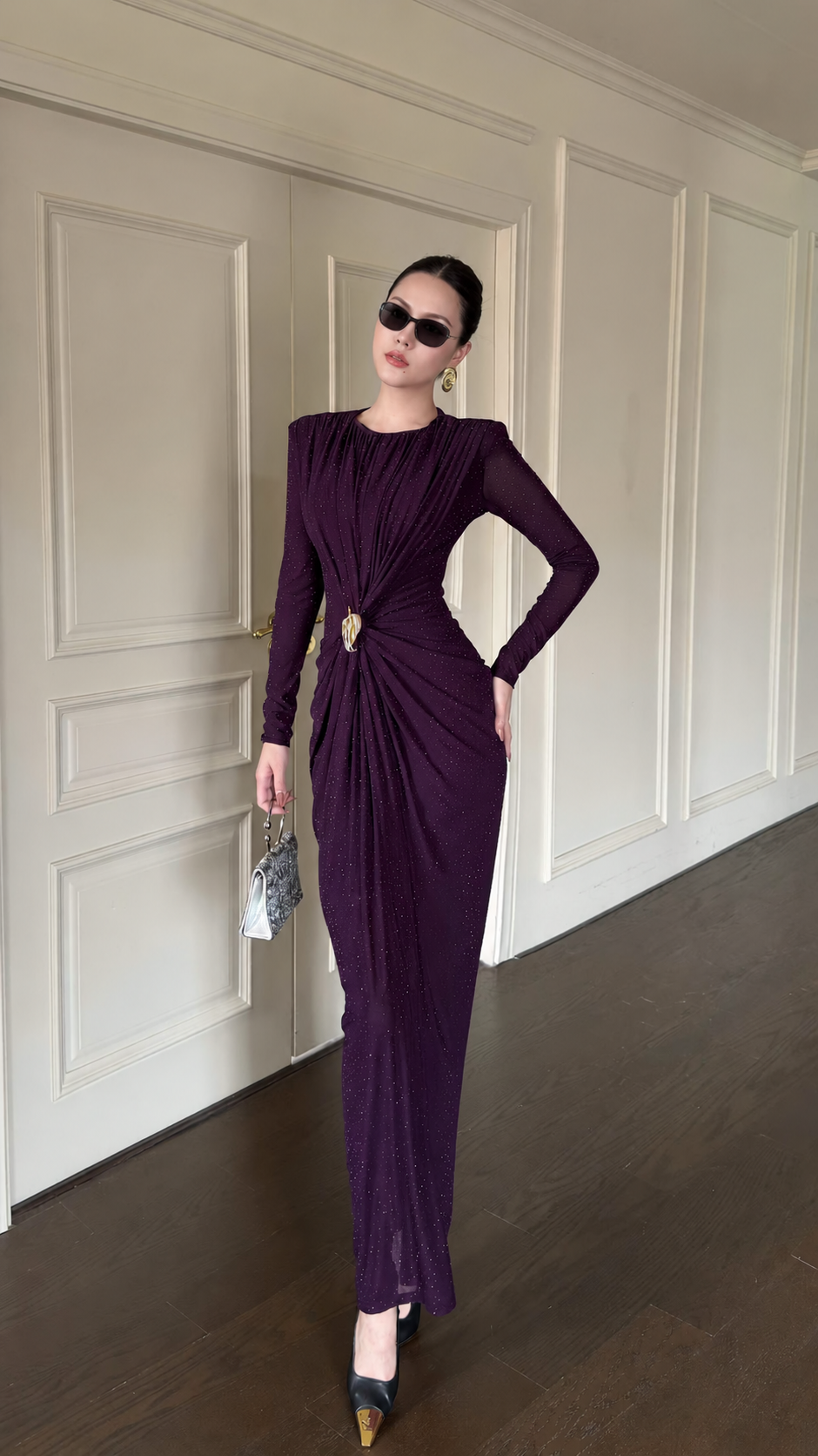 Elegantwom plum ruched maxi dress with a gold-tone waist accent, front view