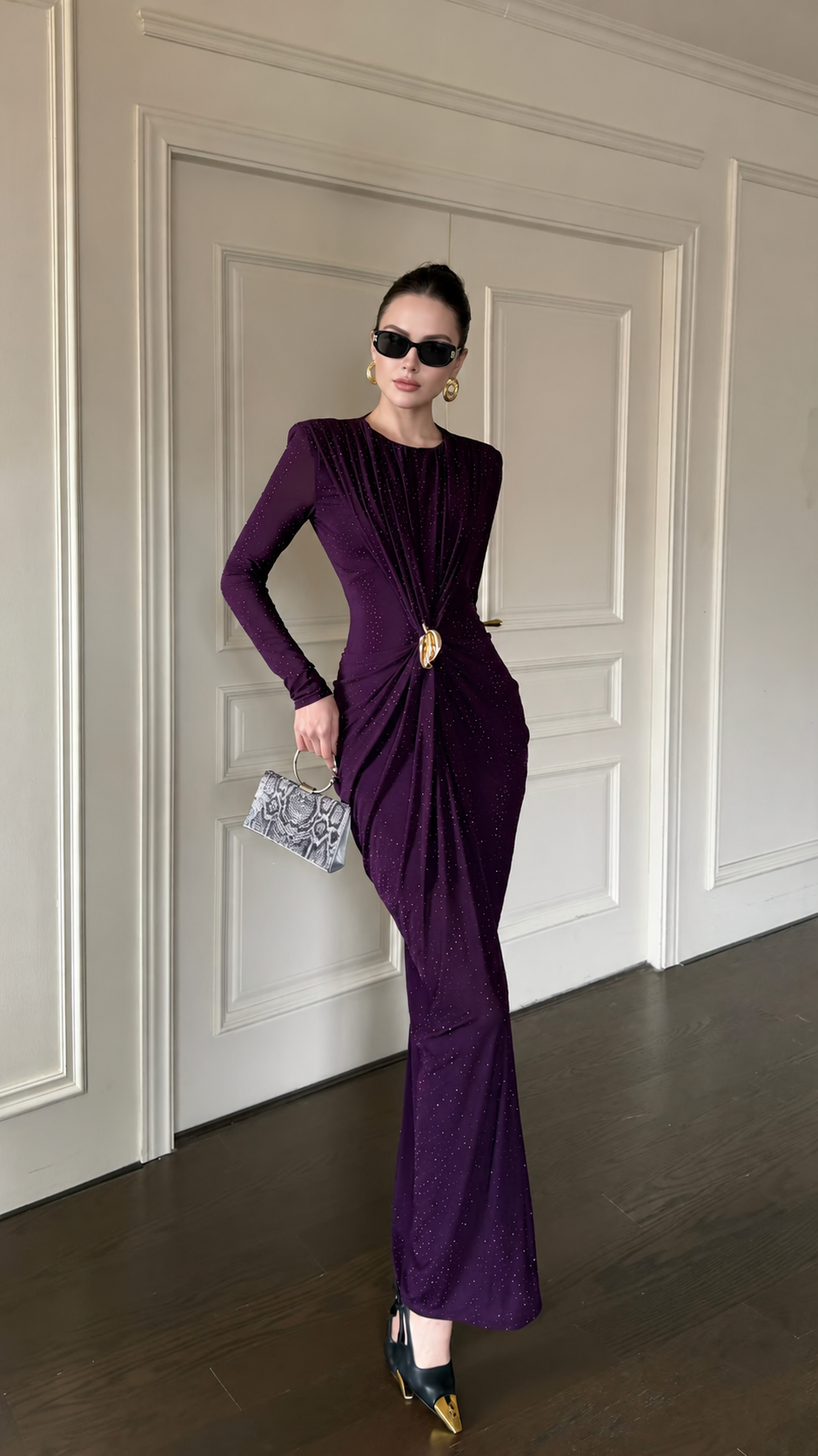Elegantwom plum long-sleeve ruched maxi dress in a full-length front view