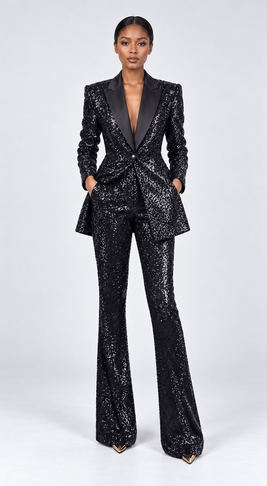 ElegantWom black sequin blazer upper body close-up, featuring satin contrast lapel and single-button closure
