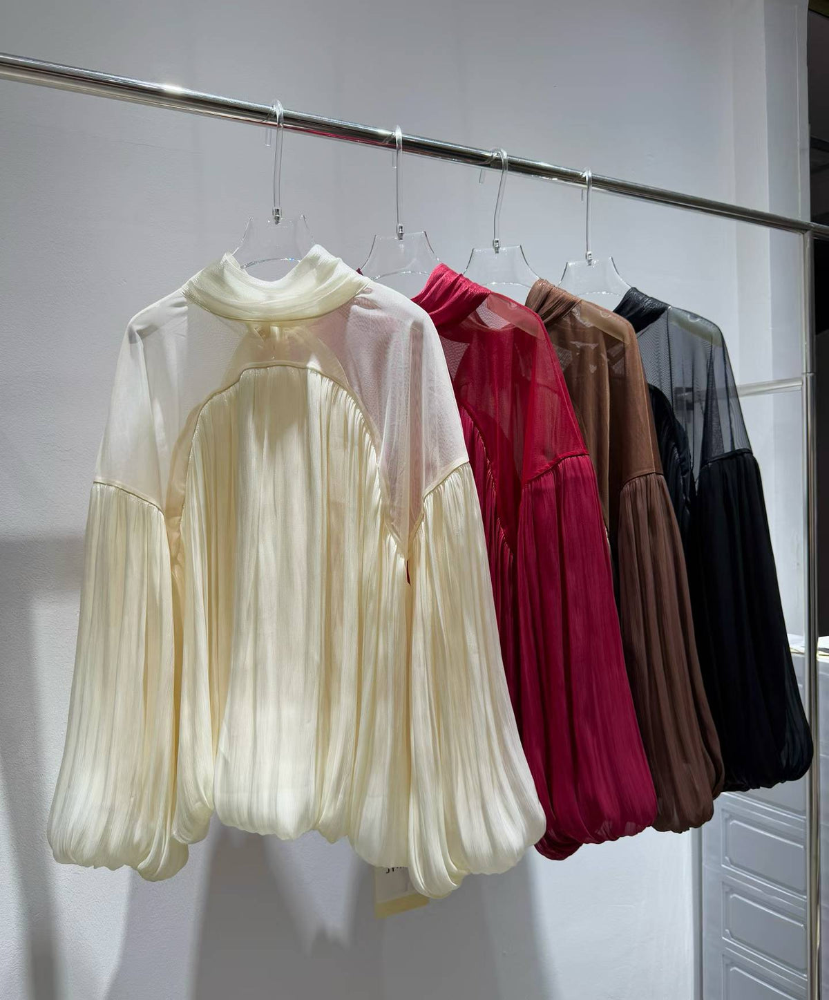 Sheer-yoke tie-neck blouse in Ivory, Red, Brown and Black