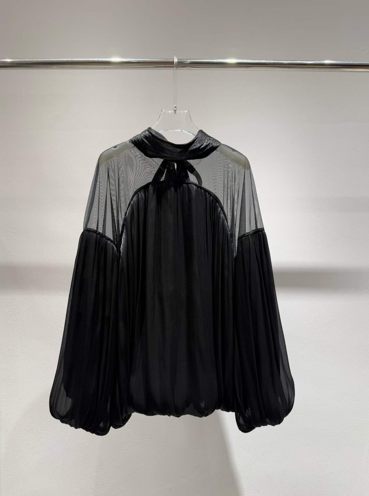 Black sheer-yoke tie-neck blouse, full view